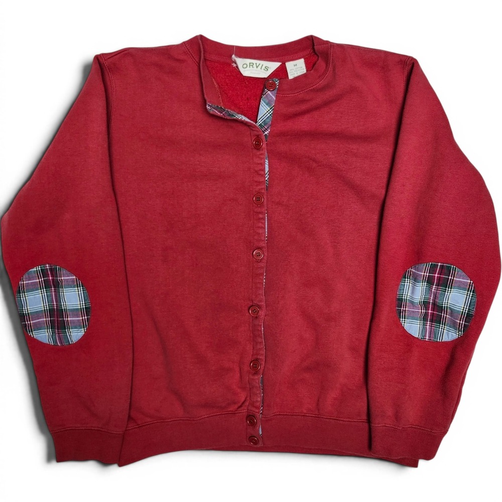Orvis Button Down Fleece Cardigan Sweatshirt Medium Red Plaid Outdoors Cabin